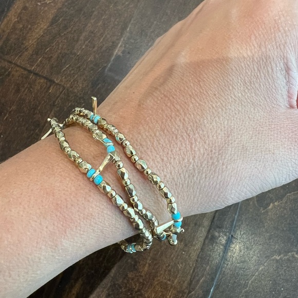 Stella & Dot, set of three stretch brackets. Gold with Turquoise beads. - Picture 2 of 6